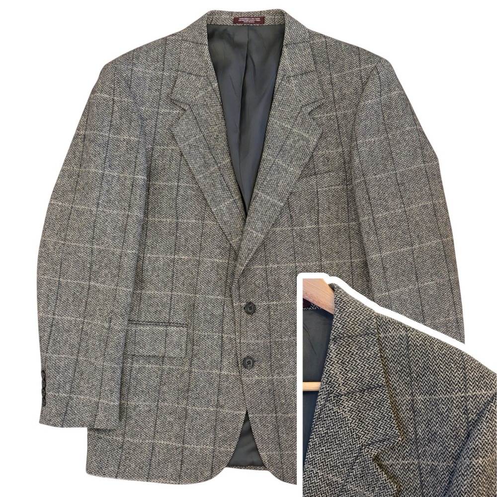 Vintage Evan Picone Blazer Mens 41R Herringbone Tweed Windowpane Wool Gray Ivy